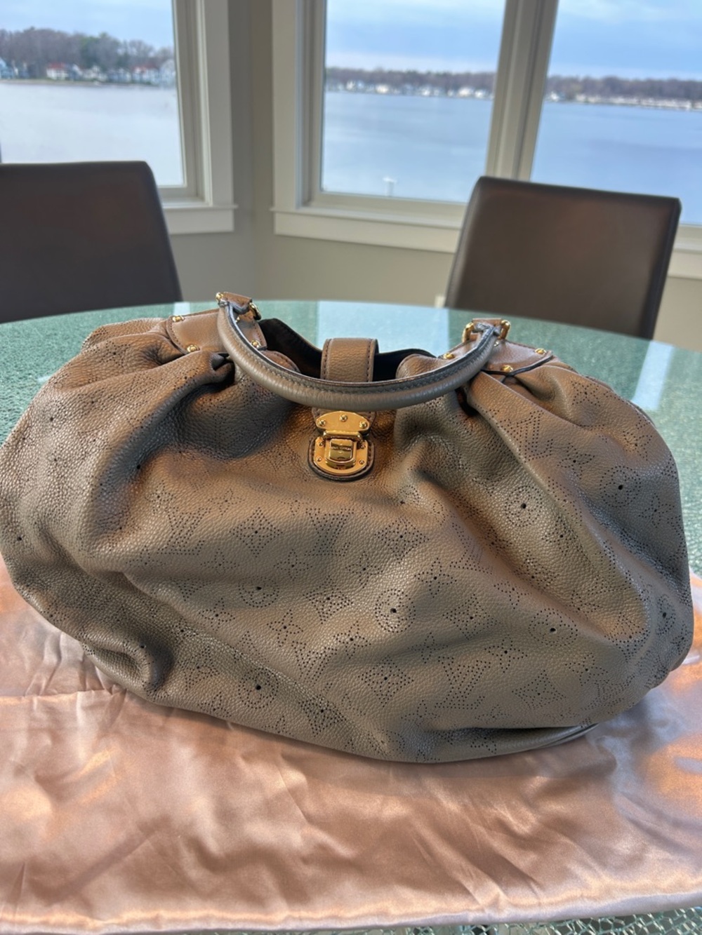 Louis Vuitton Mahina Gray Perforated Leather Hobo with Gold Hardware